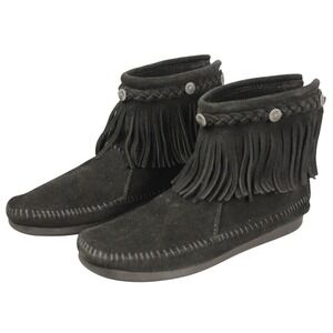 Minnetonka 299 Black Suede Back Zip Fringe Ankle Boots Womens 8 Concho Boho‎